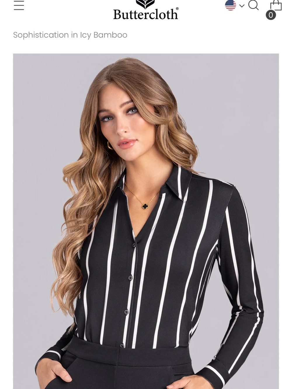 Buttercloth Icy Bamboo Black and White & Tan Vertical Stripe Button Down Shirt
